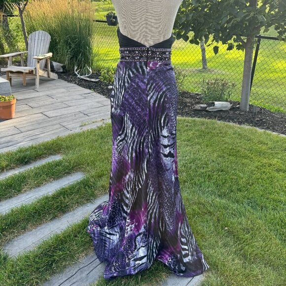 Y2K May Queen Couture Strapless Sheer Animal Print Chiffon Sequin Maxi Gown - Picture 4 of 16